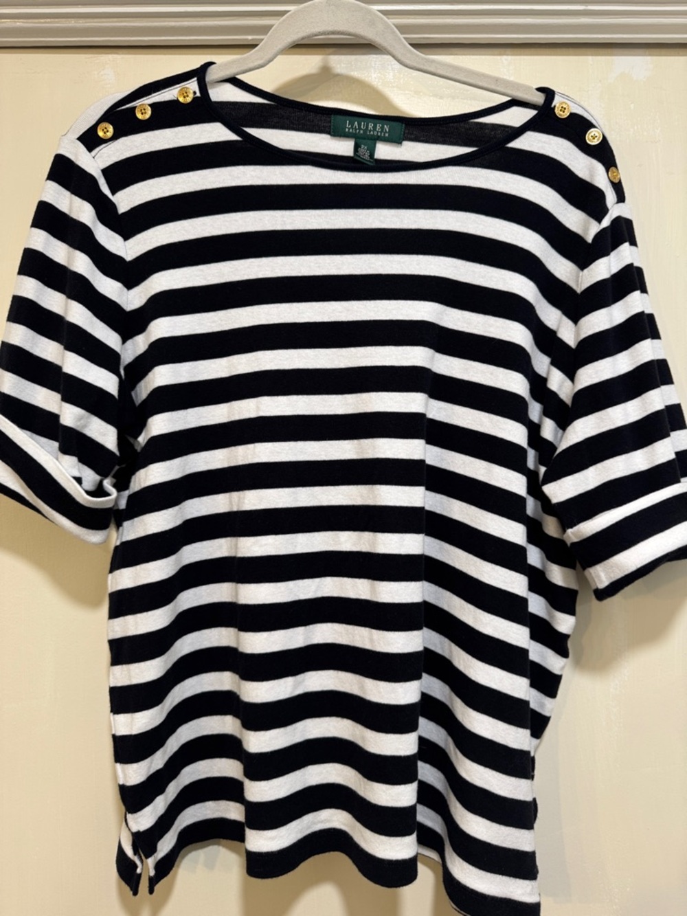 Lauren Ralph Lauren Black and White Striped Short Sleeve Top with Gold Buttons